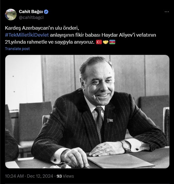 Cahit Bağcıdan Heydər Əliyevlə bağlı paylaşım