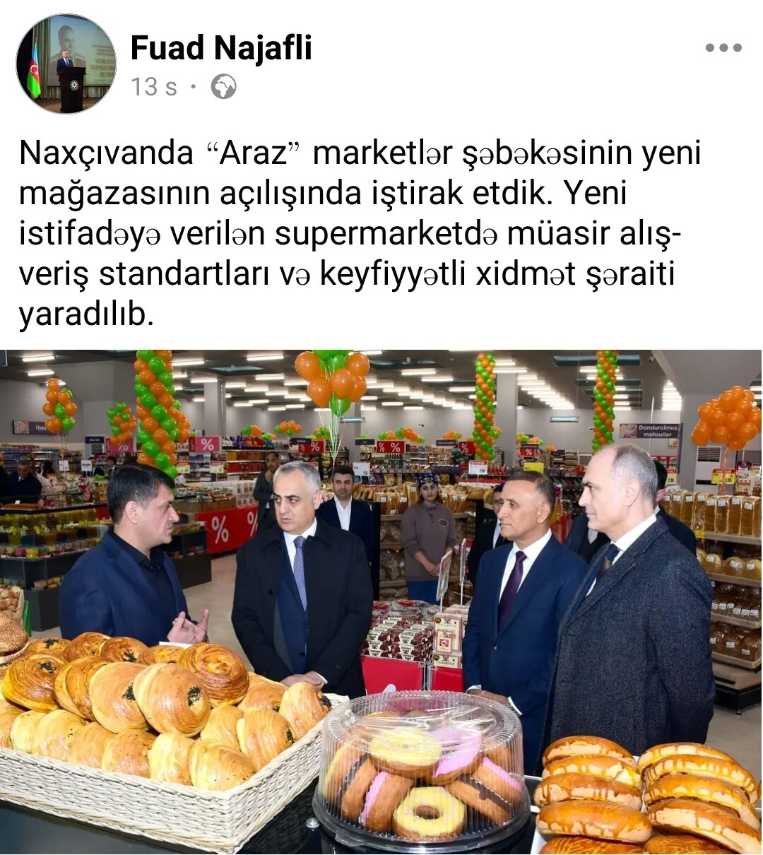 Fuad Nəcəfli "Araz" marketlər şəbəkəsi ilə bağlı paylaşım etdi