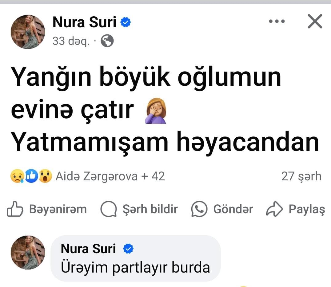 Nura Surinin paylaşımı- "Los-Ancelesdəki yanğın oğlumun evinə yaxınlaşır"