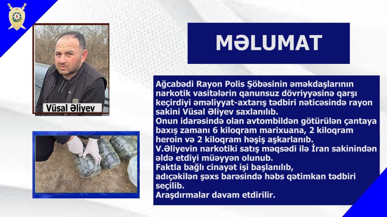 Ağcabədidə saxlanılan şəxsdən polis 10 kiloqram narkotik vasitələr aşkarladı