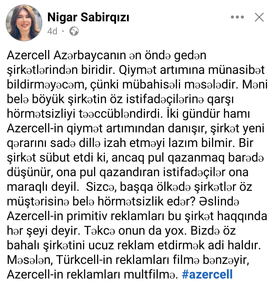 Jurnalistdən  “Azercell”in qiymət artımına reaksiya....
