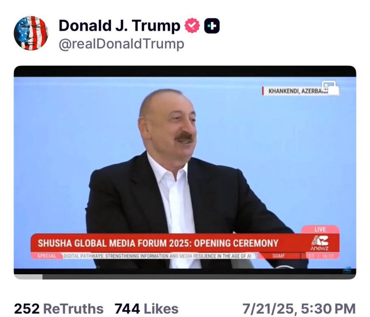 Tramp Əliyevin çıxışını paylaşdı