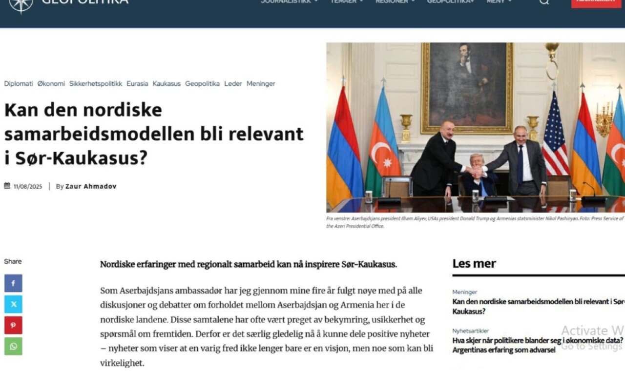 Norveçin “Geopolitika” nəşrində Vaşinqtonda imzalanan saziş haqqında məqalə dərc olundu
