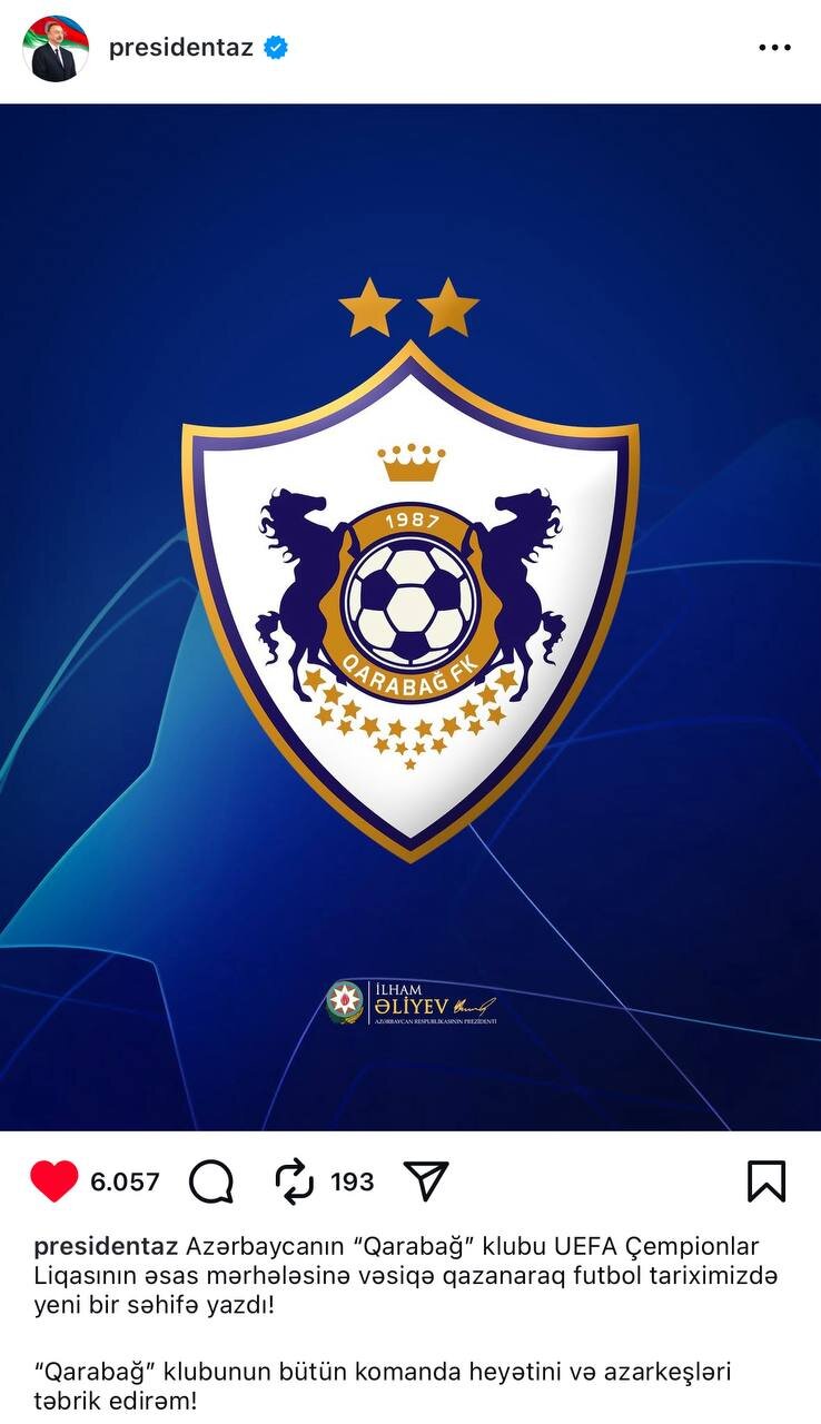 İlham Əliyevdən "Qarabağ" paylaşımı