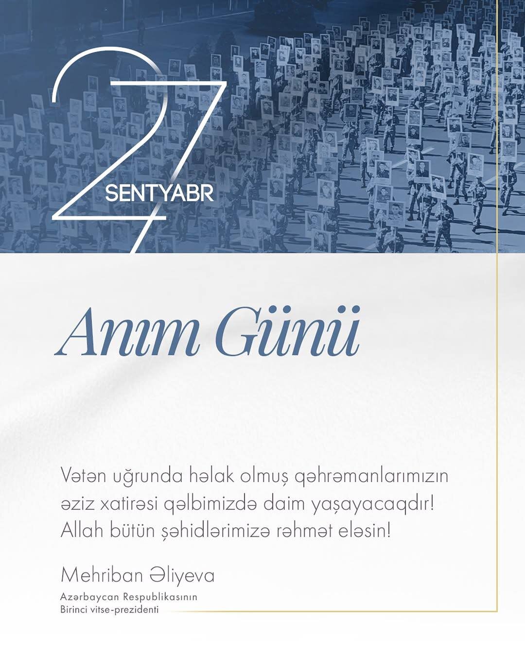 Mehriban Əliyevadan Anım Günü paylaşımı