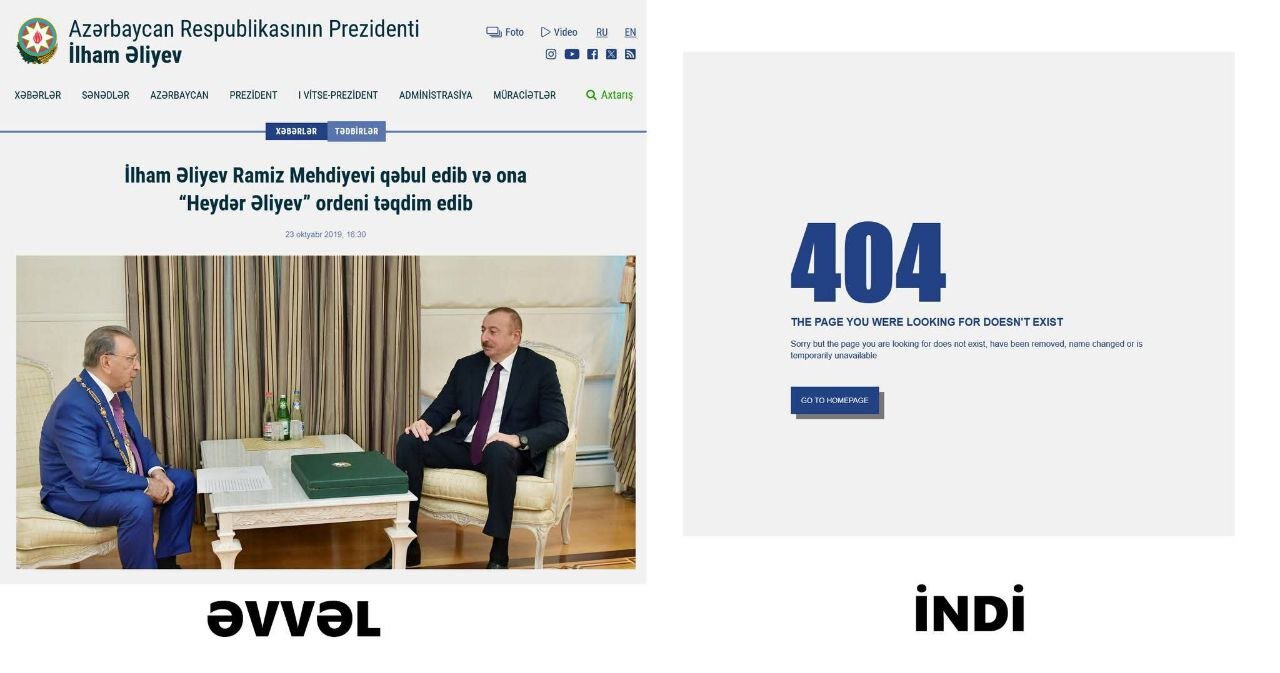 Prezidentin saytından Ramiz Mehdiyevlə bağlı məlumat silindi