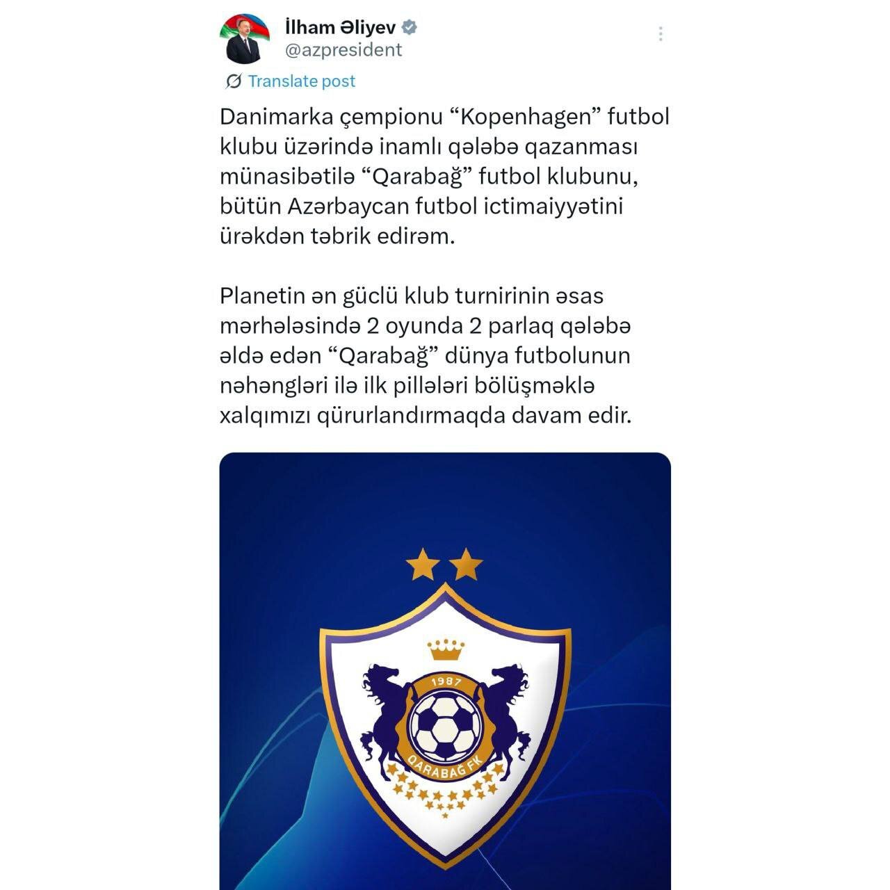 İlham Əliyev "Qarabağ"ı Danimarkadan təbrik etdi