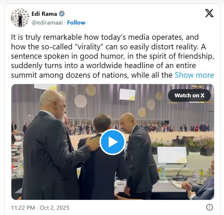 Edi Rama ötən gün dünya gündəmi olan görüntülərlə bağlı açıqlama yayıb