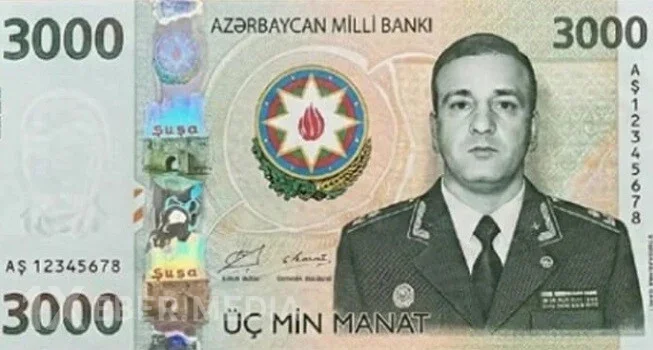 Üzərində Polad Həşimovun şəkli olan 3000 manatlıq əsginas...