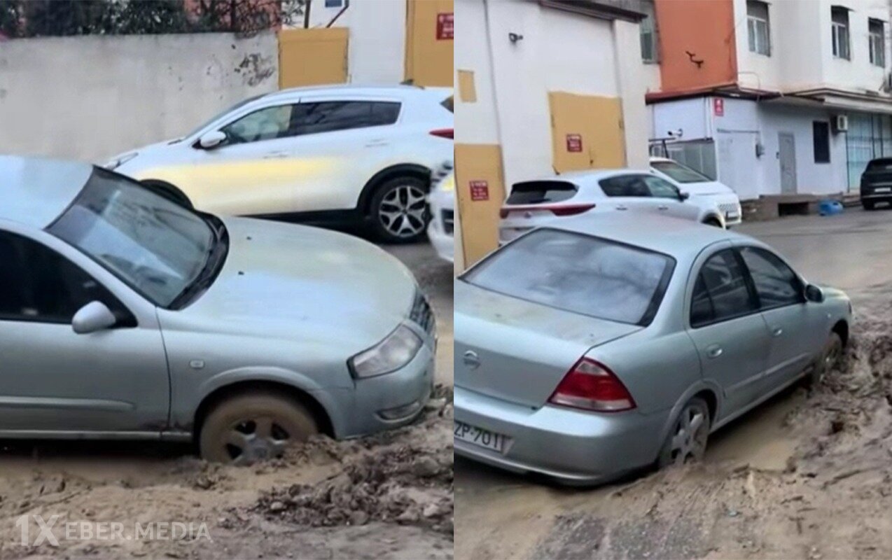 Bakıda binanın həyəti çökdü, maşın çuxura düşdü - VİDEO