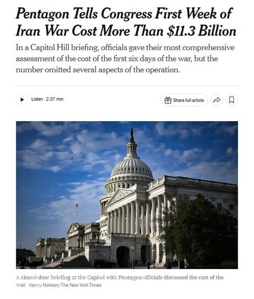 Müharibənin ilk altı günü ABŞ-a 11,3 milyard dollardan çox vəsaitə başa gəlib