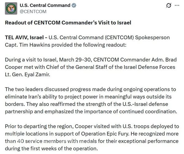 ABŞ Mərkəzi Komandanlığı admiral Kuperin İsrailə səfərini təsdiqləyib