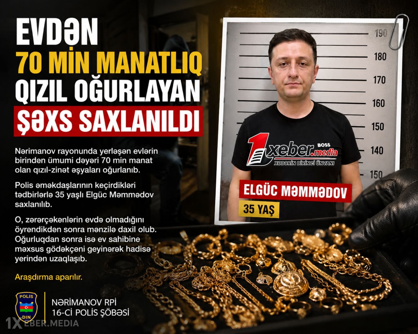 Evdən 70 min manatlıq qızıl oğurlayan şəxs saxlanılıb