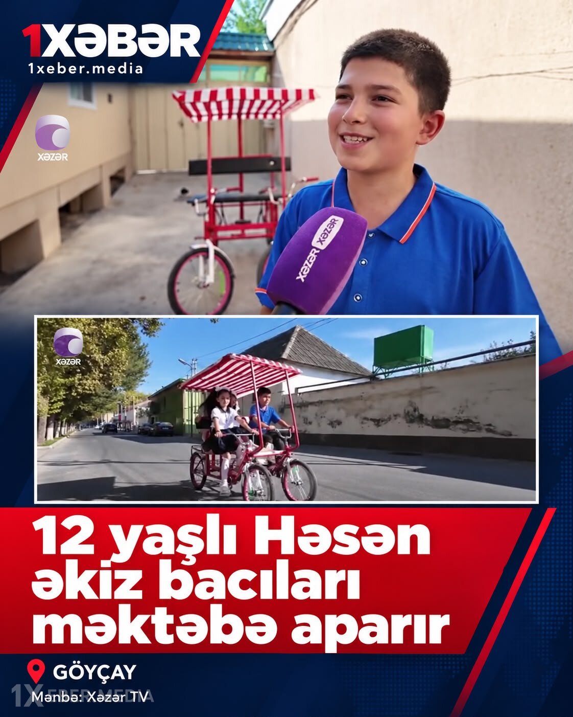 12 yaşlı Həsən əkiz bacıları qeyri-adi velosipedlə məktəbə aparır – VİDEO